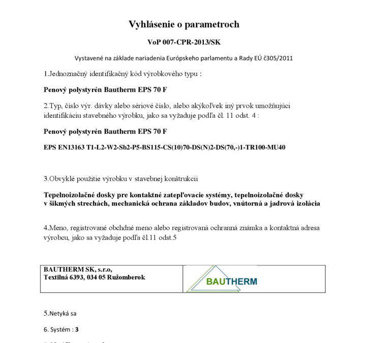 thumbnail of Vyhlasenie o parametroch 007 EPS 70F